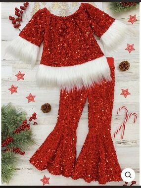 Red Sequin Holiday Top & Bell Bottom Set with White Faux Fur Trim